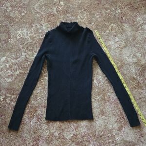 Three Dots Black Ribbed Long Sleeve Crewneck